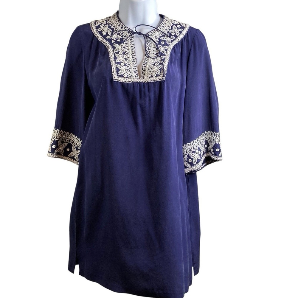 Nieves Lavi Navy 100% Silk Embroidered Beaded Tunic Top Size 2 Nautical Preppy‎